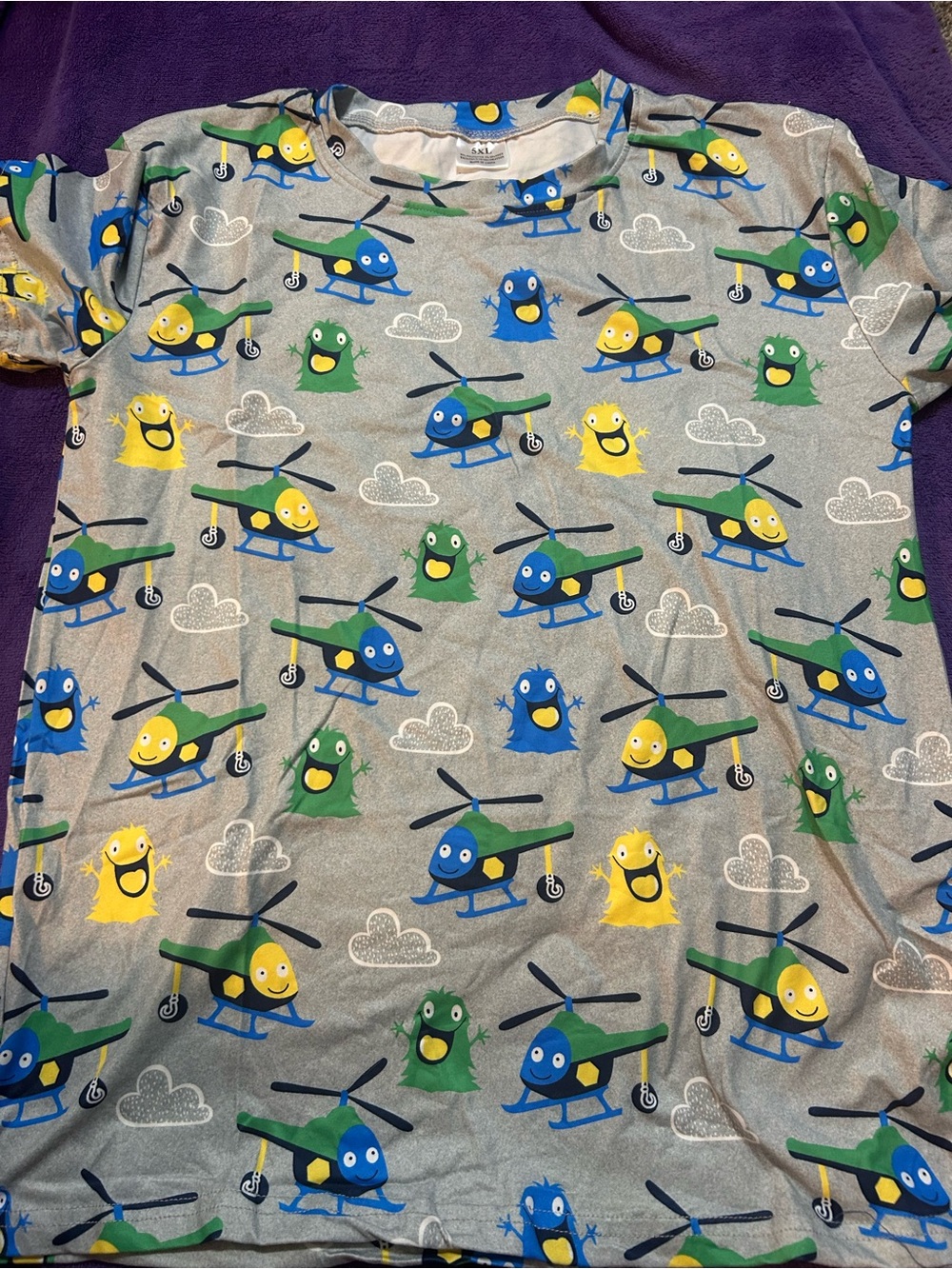 Kids Helicopter & Monster Print Tee - Gray, Blue, Green, Yellow